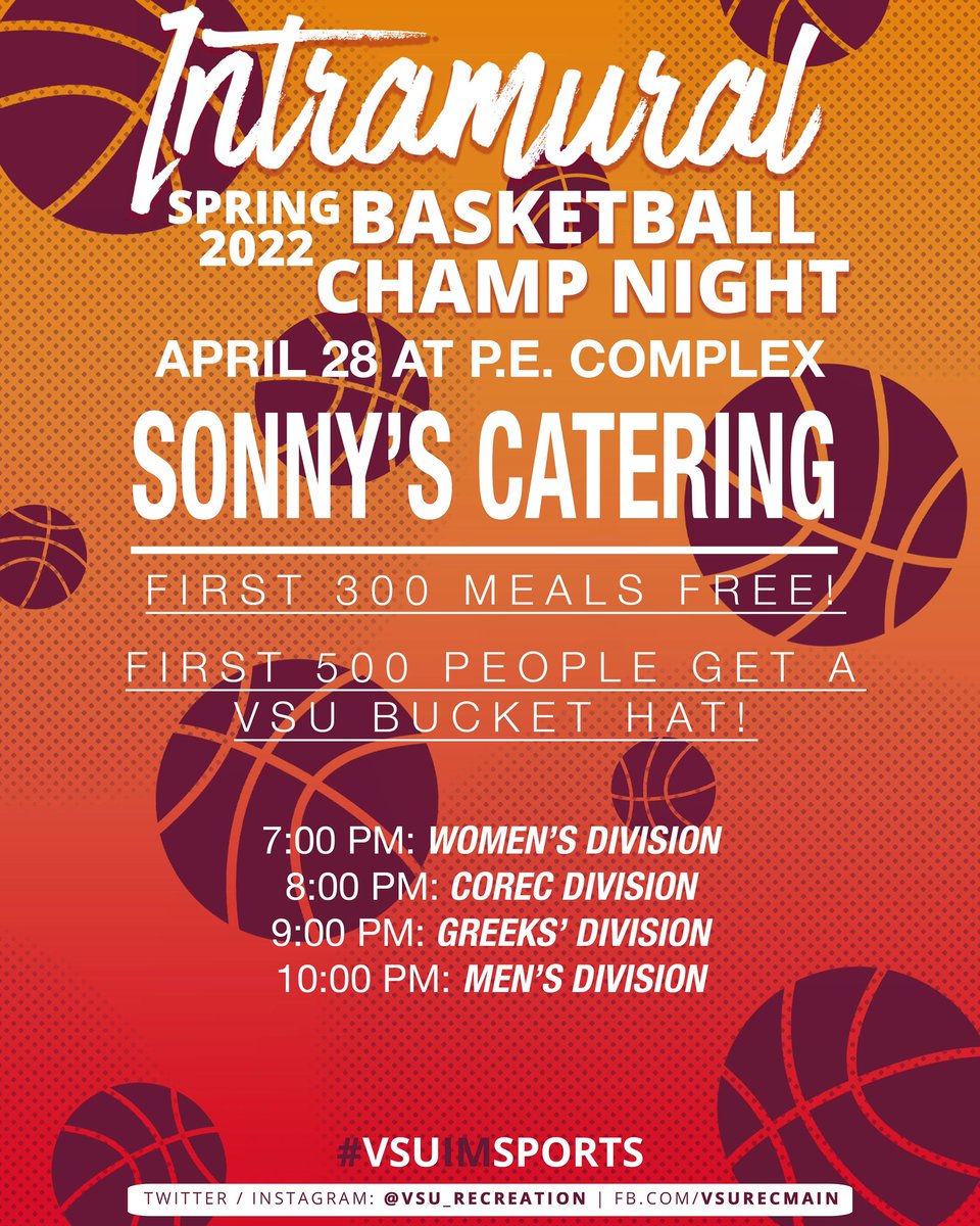🚨FREE FOOD + VSU BUCKET HAT🚨
We are counting down the days until Champ Night! Pack the Plex April 28th at 7pm!! Sonny’s will be giving out free meals to the first 300 people. First 500 people will receive a VSU bucket hat! YOU DON’T WANT TO MISS THIS!!! 🏀 #vsuimsports