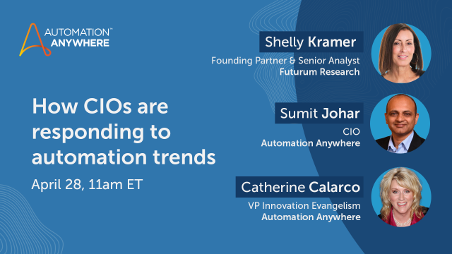 Michael_W_Weiss's tweet photo. Automation Anywhere CIO, Sumit Johar &amp; VP of Innovation Evangelism, Catherine Calarco, are joined by founding partner &amp; senior analyst at Futurum Research, Shelly Kramer, to explore how CIOs are embracing the trends to create the #futureofwork. https://t.co/ilzGVLeDLs https://t.co/D8pEjeosew