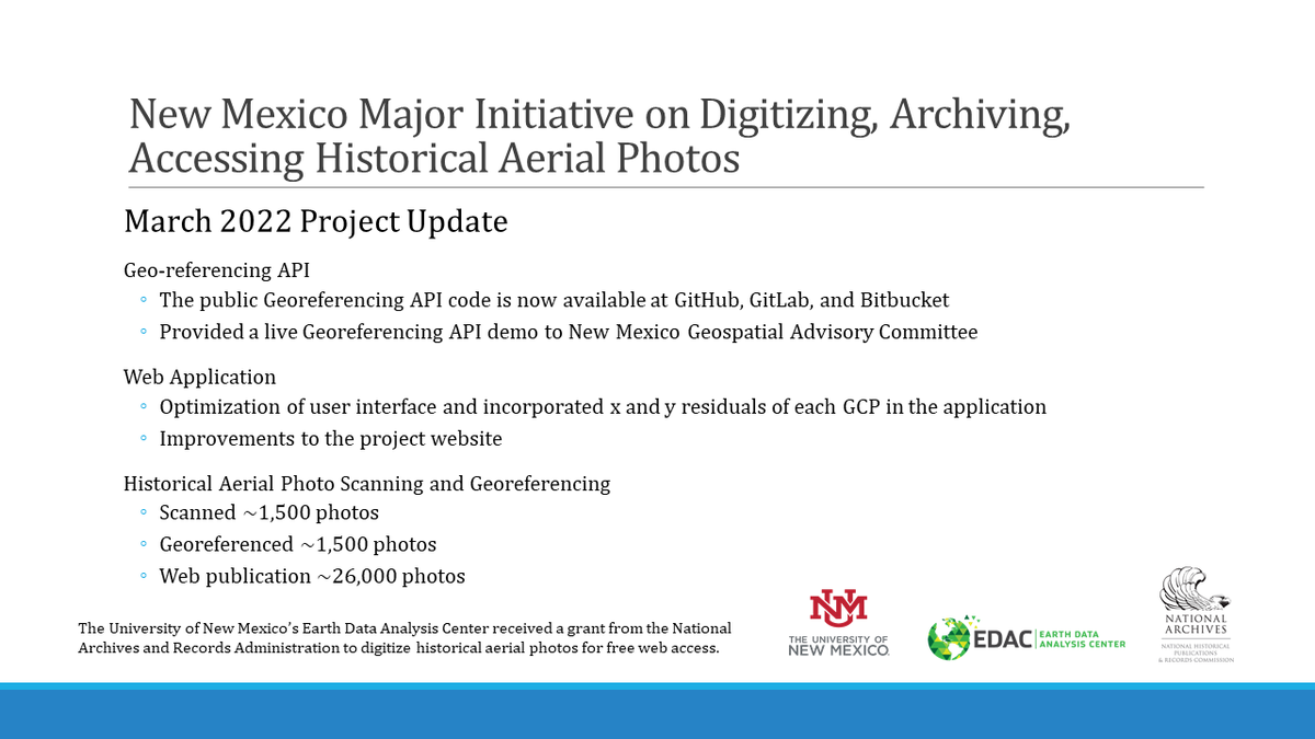 NARA Project Updates: January - March 2022 
<a href="/UNM/">Univ. of New Mexico</a> , <a href="/NHPRC/">NHPRC</a>  #historical
 #aerialphotos #NewMexico  #archives
