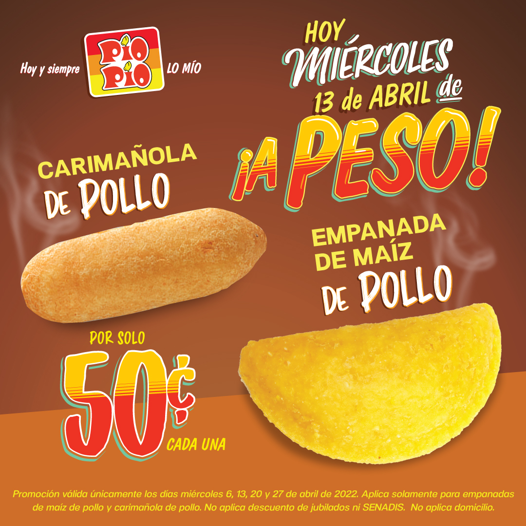 PioPiolomio's tweet photo. ¿Estás listo para no perderte ninguno de los miércoles del mes de abril?

Disfruta de nuestras carimañolas de pollo y empanadas de maíz de pollo  cada una, promoción válida únicamente en nuestros restaurantes.

#PioPio #Promo #aPeso #SaborPanameño #LoMio https://t.co/ooErEAZZrP