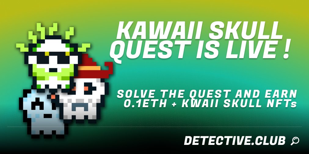 🔥 Kawaii Skull Quest is live 🔥
Discover the amazing art of <a href="/kawaiiskull_nft/">KAWAII SKULL</a>, solve the quest and gets cool rewards ☠️

🔽Play in our @oncyber_io pod 🔽
oncyber.io/kawaiiskull_qu…
🔽Join us on Discord 🔽
discord.com/invite/fXvANKN…

🔎1
#NFT #NFTGiveaway @Kawaiiskull_eth #kawaiiskull