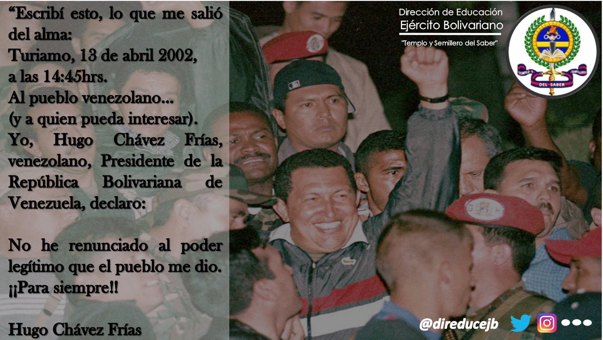 direducejb's tweet image. Hoy 13 de Abril hace 20 años, recordamos las palabras escritas de nuestro Comandante Eterno, en un intento de golpe fallido, donde el pueblo salió a la calle y reclamó su derecho. ¡Viva Chávez, Viva el Pueblo, Viva la Revolución Bolivariana!.