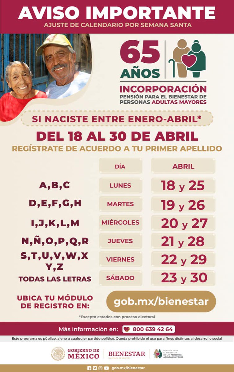 bienestarmx's tweet photo. Solo faltan unos días para que reinicie el registro a la #PensiónAdultoMayor. 👵🧓👴

Te compartimos el calendario para que revises cuándo te corresponde. 📅

Recuerda que este trámite no aplica para los estados que se encuentran en proceso electoral.👇
https://t.co/zr4NTrJdKn https://t.co/Q1AQo74br5