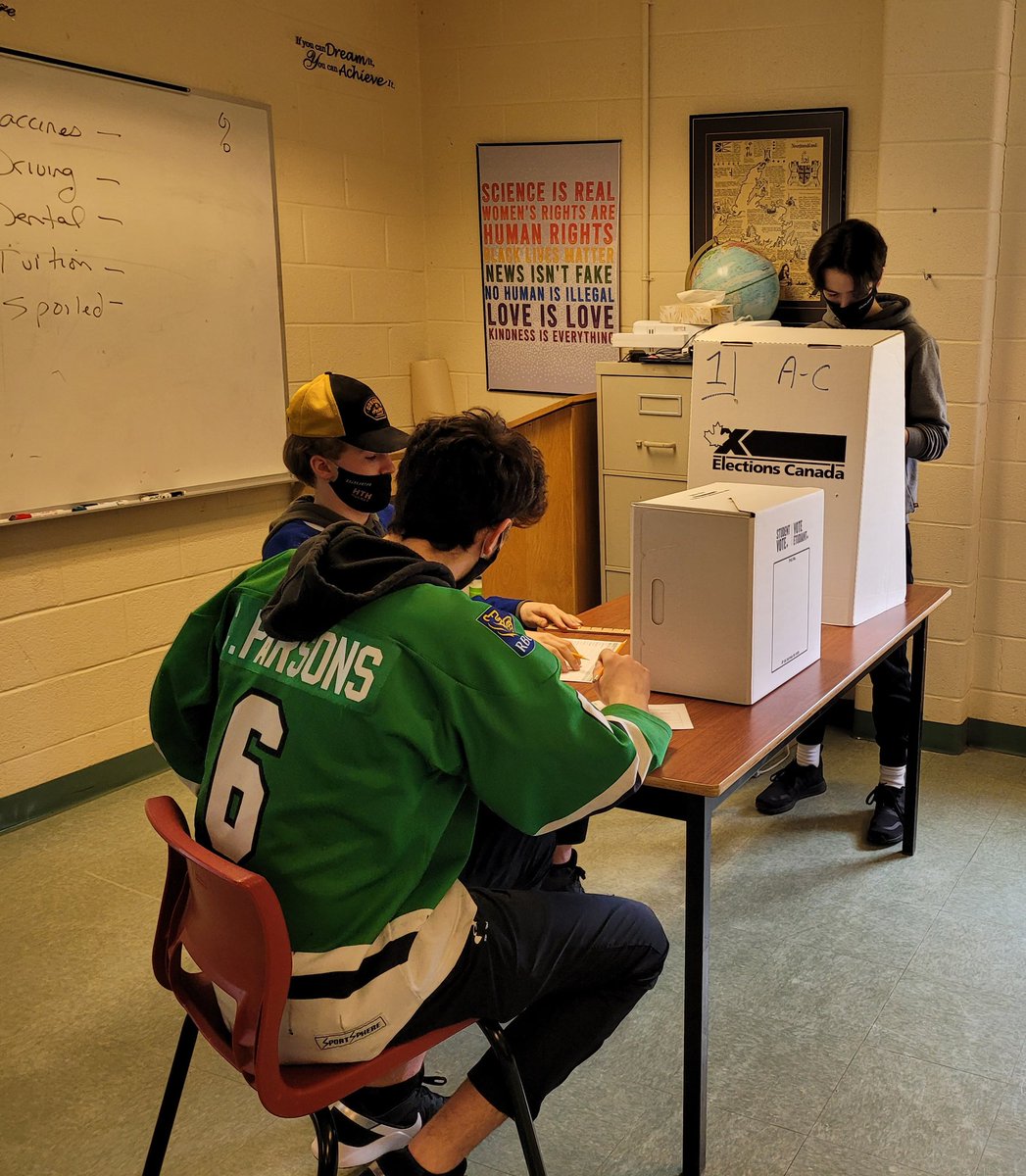 bbillardmar's tweet photo. Socials 1201 students @hthtigers practicing their democratic right to vote with a mock vote this afternoon with students playing the roll of poll clerks, deputy returning officers and scrutineers. @NLESDCA https://t.co/y0AyMSqXNA