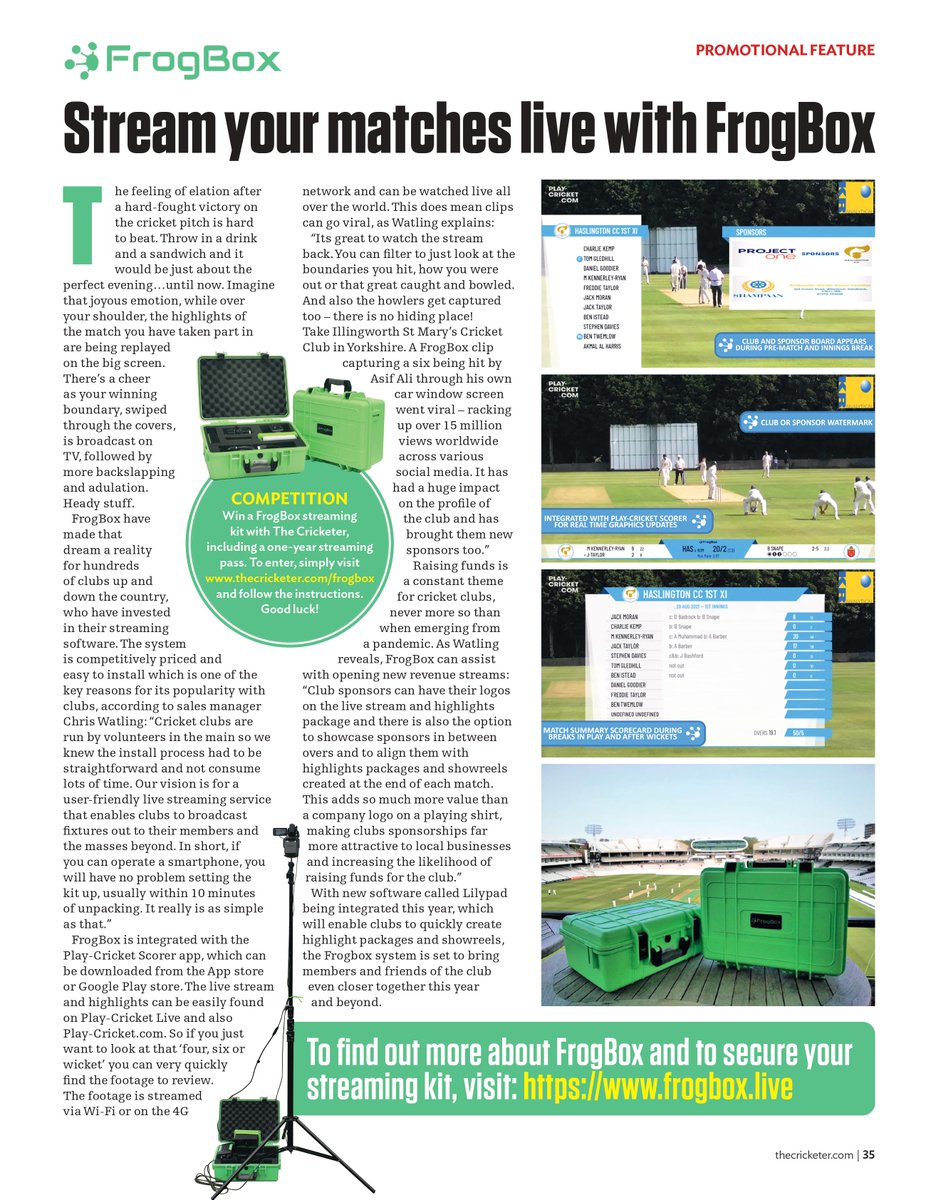 Frogboxlive's tweet photo. Have a read of our article in the April edition of @TheCricketerMag 

https://t.co/1j2Xg2AUn5

Head to https://t.co/7WRvkeb48C to find out more and secure your streaming kit!

#NeverMissAMoment #LiveStreaming https://t.co/ffV1Tx3YJo