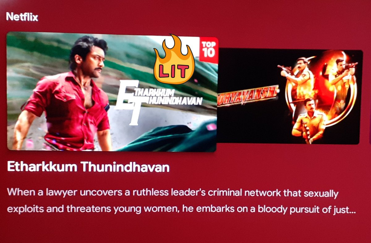 SuriyaFansArena's tweet photo. #EtharkkumThunindhavan Grabs into Top 10 list in Global @netflix 🥵🔥 After theatrical Blockbuster, Now Trending in online platforms @Suriya_offl
#VaadiVaasal | #Suriya41 https://t.co/60vykGxiki