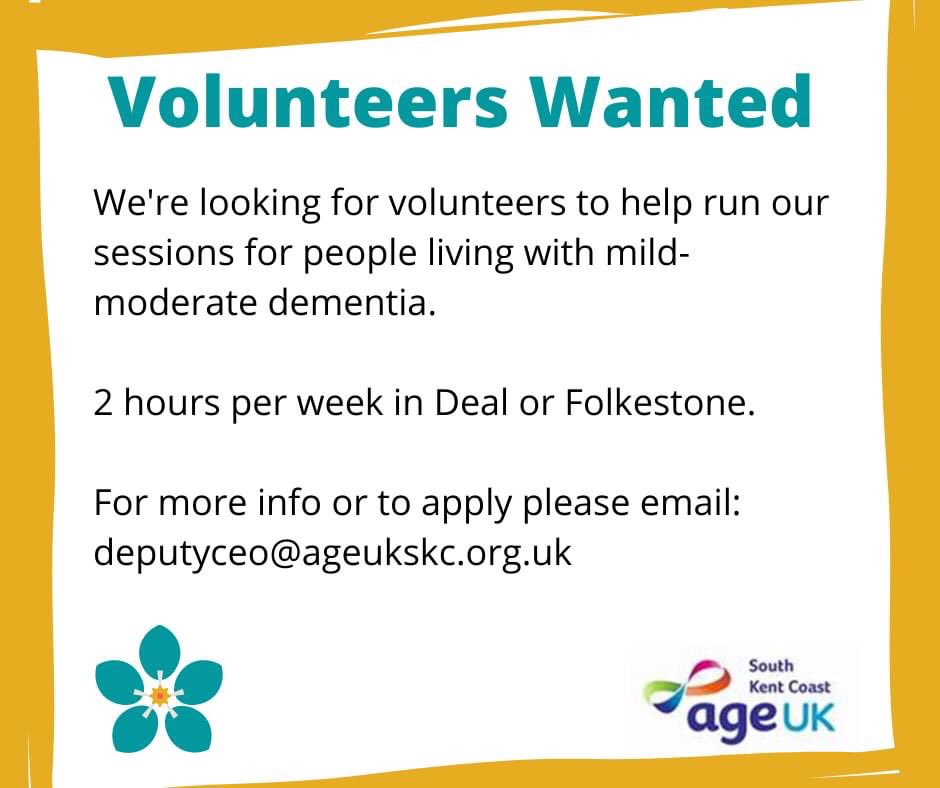 ageukskc's tweet photo. Volunteer opportunities in Deal and Folkestone supporting people living with dementia #Folkestone #Deal #Dover #dementia #MCST https://t.co/WJJr4YJoh4