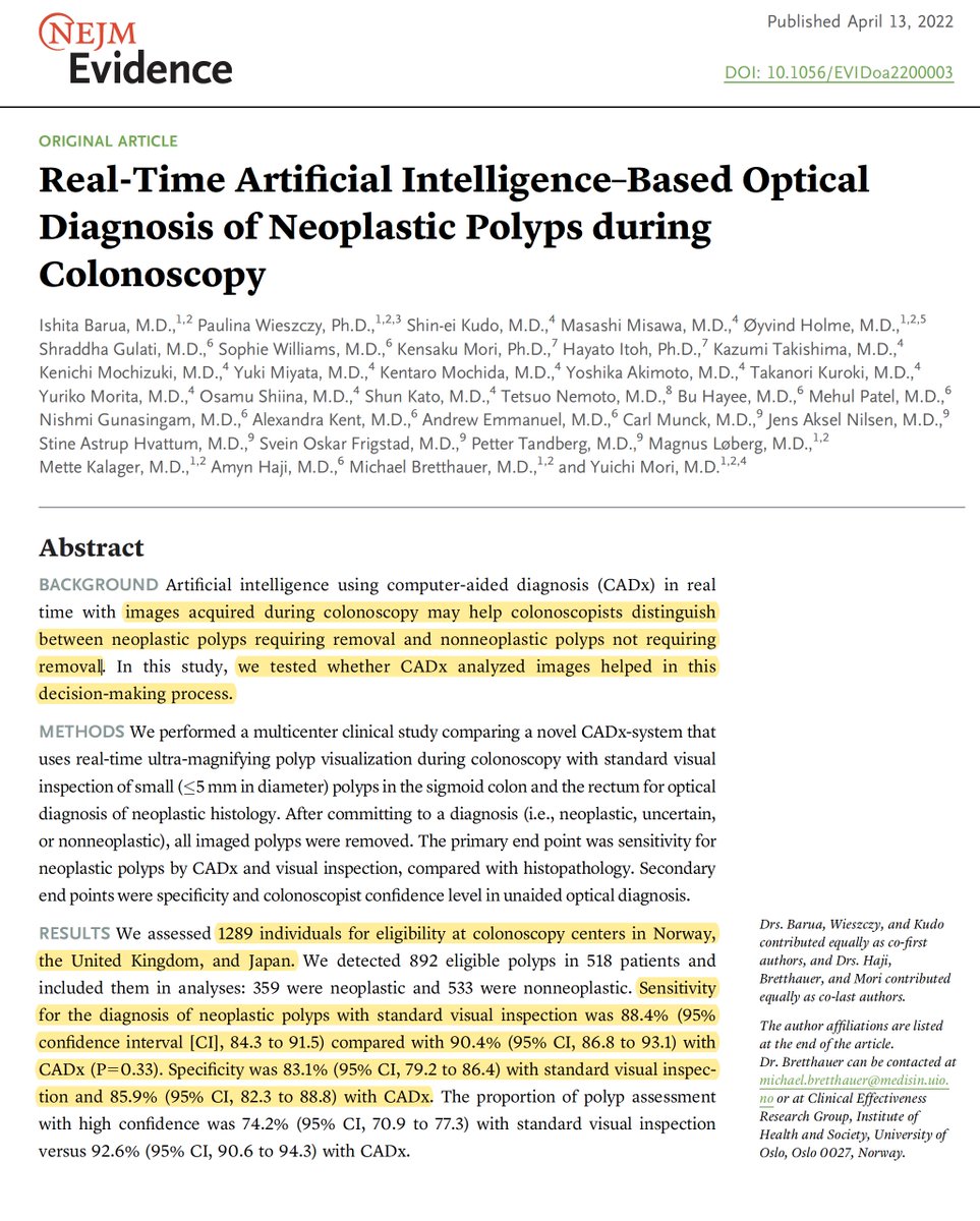 Most of the limited number of randomized trials of #AI in medicine have been for endoscopy. A new international, multicenter RCT did not show an advantage of real time #AI for accuracy of small (<5 mm) cancerous polyp detection 
evidence.nejm.org/doi/full/10.10… <a href="/NEJMEvidence/">NEJM Evidence</a> <a href="/IshitaBarua/">Ishita Barua, MD PhD</a>