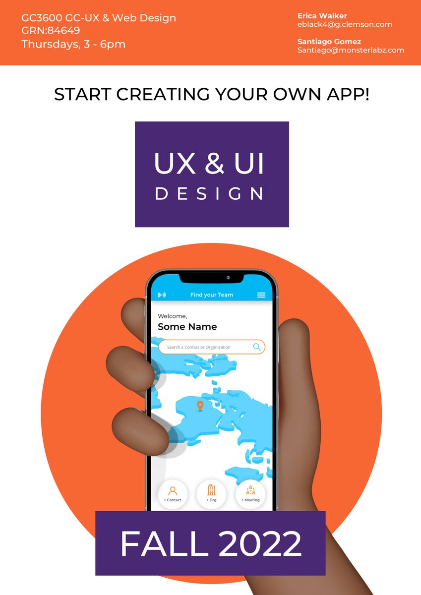 ebwalker101's tweet photo. Another option for @ClemsonGC Tech courses that is back this Fall by popular demand... @heyimsantiago is teaching UX & UI Design!
#GCweb #GC3400 @clemsonbusiness https://t.co/C24rdm9FzP