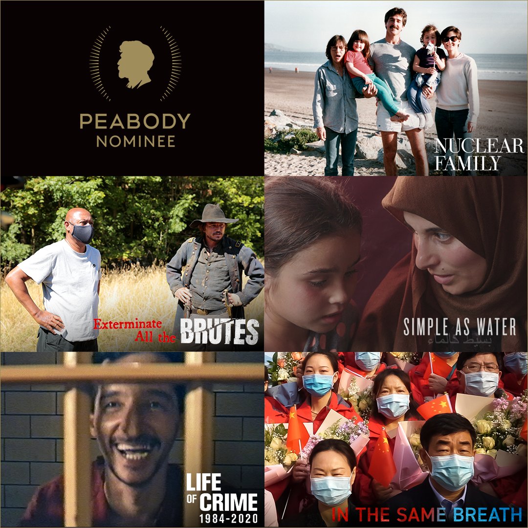 HBODocs's tweet photo. Congratulations to #PeabodyAwards nominees Exterminate #AllTheBrutesHBO, #InTheSameBreath, #LifeOfCrime 1984-2020, #NuclearFamily, and #SimpleAsWater! The prestigious program highlights the best storytelling across media. #PeabodyNominee #StoriesThatMatter https://t.co/YaB35Vurcp