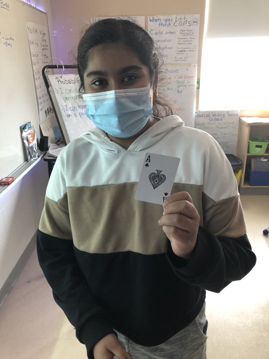 Wow! In a probability experiment she had a 1/52 or 1.9% chance of success, this lucky lady pulled the Ac of spades!