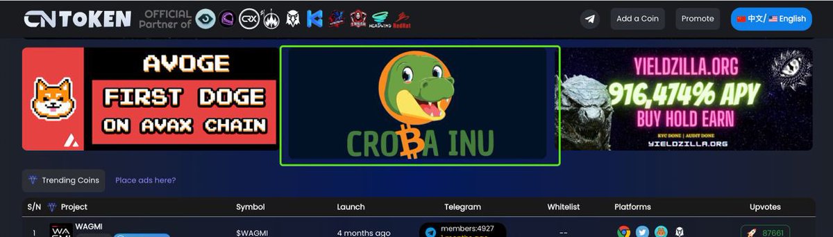 Croba inu has been advertised on continental.io the first largest china-centric coin index🚀 officially partnered and powered by dexscreener, Bogged finance and kommunitas. Remember to vote for us at cntoken.io/coin/21060 🐊