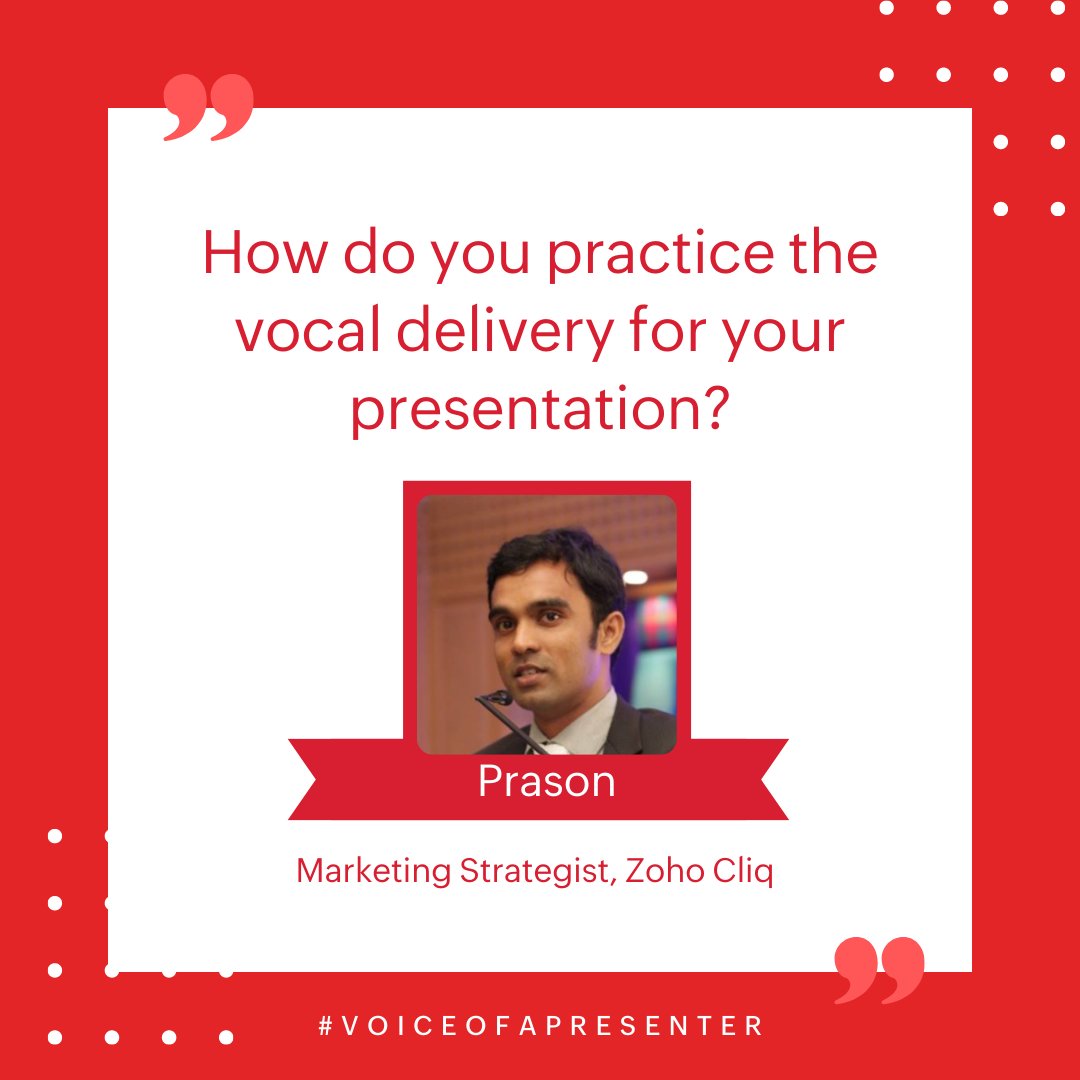 ZohoShow's tweet photo. In this week's #VoiceOfAPresenter series, Prason, Marketing Strategist for ZohoCliq, shares how he practices the vocal delivery for his #presentations. 

Watch this space on Wednesdays for more #presentation insights and tips from expert #presenters!

#ZohoShow #PresentationSkill https://t.co/m2PefP3nFh