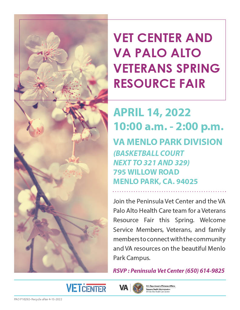 SMC_CVSO's tweet image. Join the Peninsula Vet Center and the VA
Palo Alto Health Care team for a Veterans
Resource Fair this Spring. Welcome
Service Members, Veterans, and family
members to connect with the community
and VA resources on the beautiful Menlo
Park Campus.