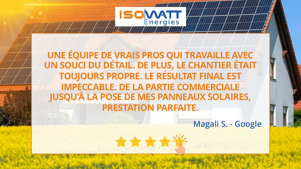 IsowattFr's tweet image. #ClientContent 😊

𝑀𝐸𝑅𝒞𝐼 à Magali d’avoir pris le temps de nous laisser son #avis et de nous avoir fait confiance ! Recevoir des retours comme celui-ci nous prouve que nous avons réussi notre mission ! 🤩

#ClientContent #ClientSatisfait #AvisClient #Isowatt