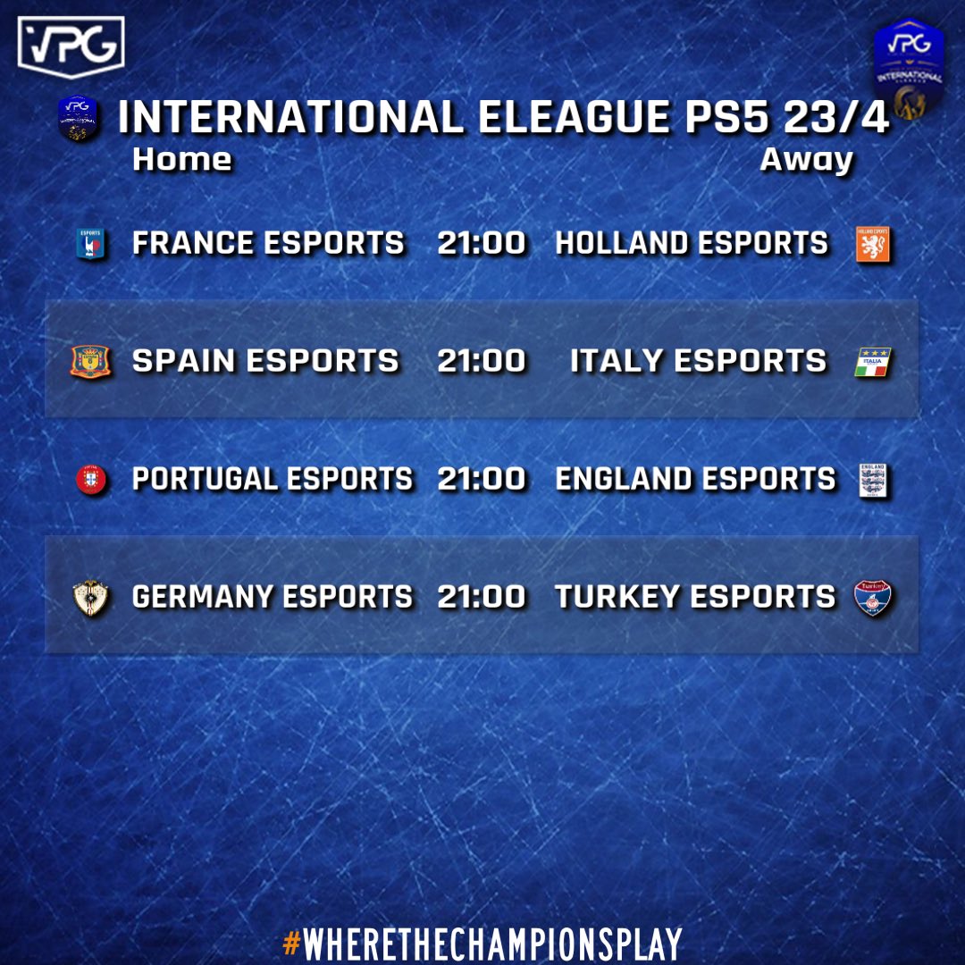 🌍 International eLeague PS5 

👏🏼 Congratulations to all the 8 nations that qualified! 

🗓 The Quarter Finals will begin on the 23rd April. 

👉🏼 virtualprogaming.com/tournament/Int…

#FIFA22 #ProClubs
