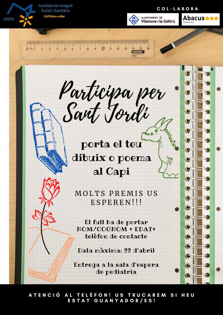 CAPIBaixaMar (@capibaixamar) on Twitter photo Si tens entre 3 i 14 anys participa al concurs de Sant Jordi portant un dibuix o poema! 🌹🐲
Molts premis estant en joc!
<a href="/AbacusCoop/">Abacus cooperativa</a> Si tens entre 3 i 14 anys participa al concurs de Sant Jordi portant un dibuix o poema! 🌹🐲
Molts premis estant en joc!
<a href="/AbacusCoop/">Abacus cooperativa</a>
