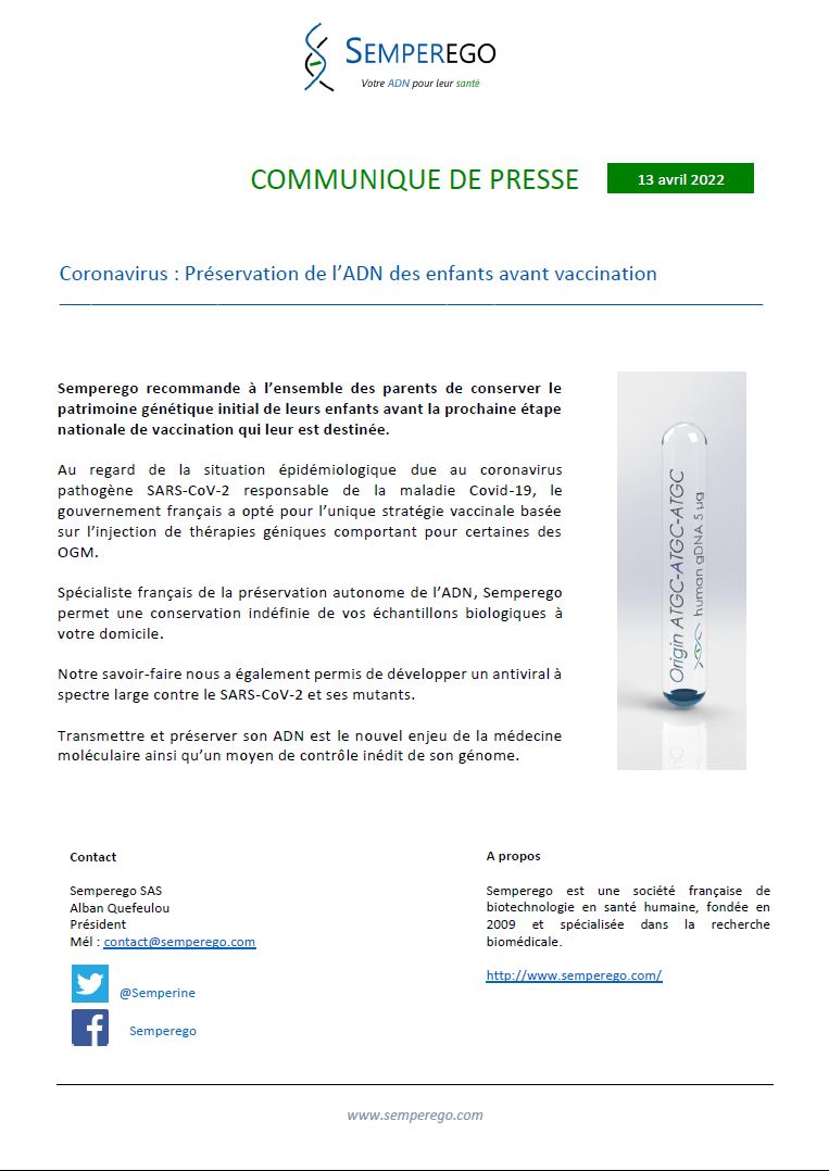 Semperine's tweet photo. A l'attention des parents désirant faire vacciner leurs #enfants contre le #Covid19 ainsi qu'aux autres. Nous vous invitons à préserver votre #ADN originel ainsi que celui de vos enfants. Vous pourrez ainsi en comparer l'évolution. https://t.co/SK8qHhuux4