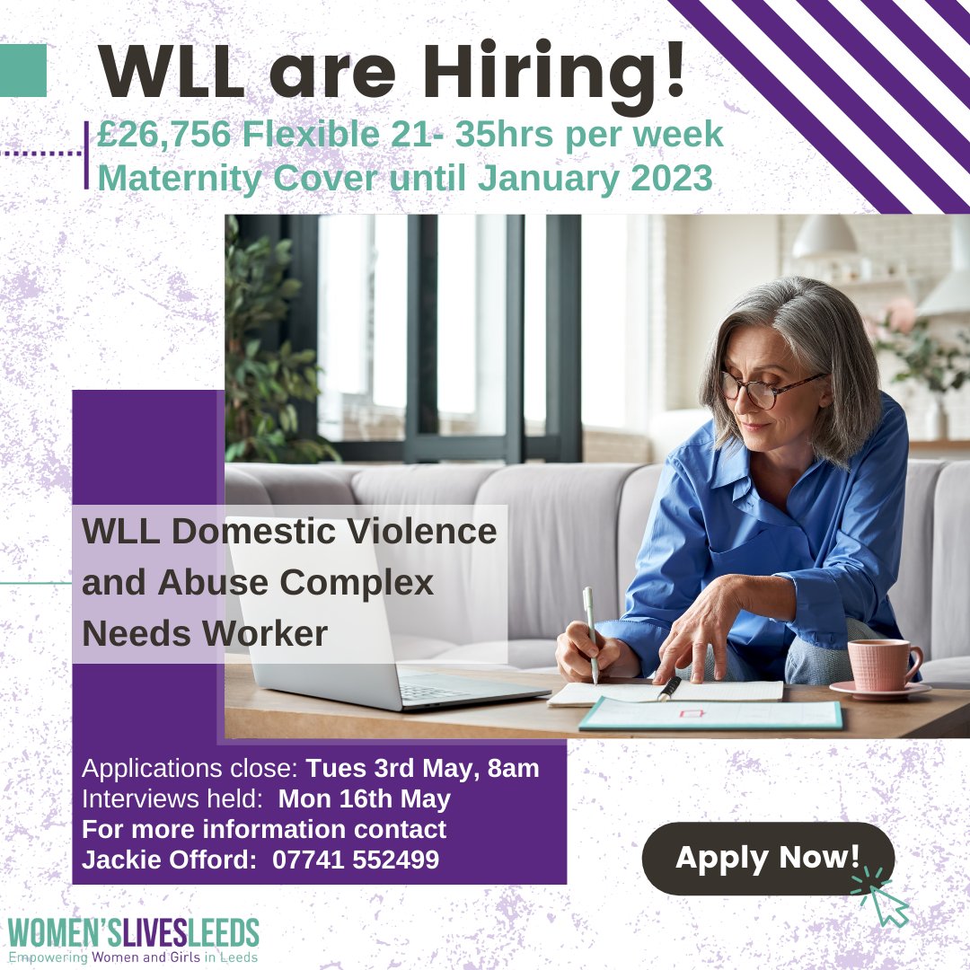 WOMEN'S LIVES LEEDS HIRING: WLL Domestic Violence and Abuse Complex Needs Worker

Salary: £26,756 

Flexible hours 21- 35hrs per week 

Maternity Cover until January 2023

Visit WLL website for more info &amp; to apply:
womenslivesleeds.org.uk/job-vacancies/…

<a href="/leeds_women/">Women & Girls Alliance Leeds</a>