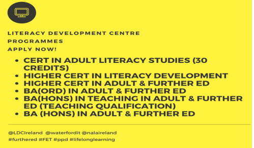 ClareGorman4's tweet photo. Literacy Development Center @EducationWIT @waterfordit @LifelongWit applications are now open for September 2022 programs. #furtherED #FET #lifelonglearning #SETU
Apply Here: https://t.co/Tj1yANOmRb https://t.co/0NEF1banRs