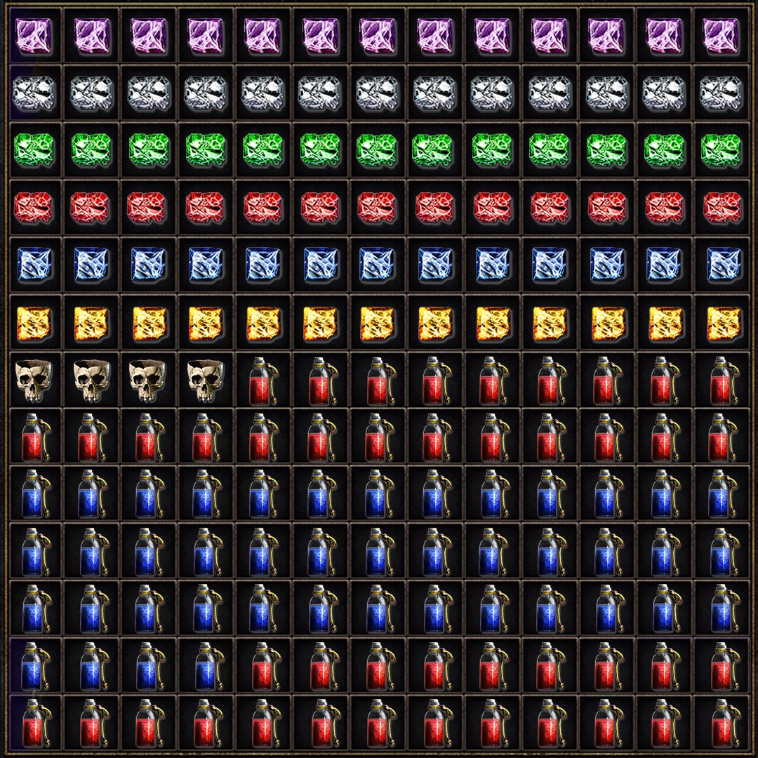 Image shows a stash completely filled with nothing but gems, potions, and skulls.