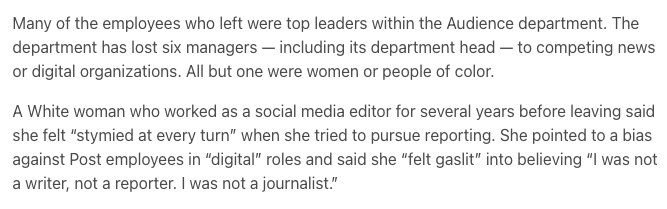 "Since 2020, at least 10 employees from the Audience team have left The Post for jobs with competing news outlets. More than half were either women or people of color." 
postguild.org/2022-pay-study…