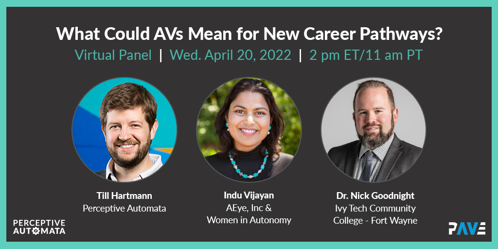 Perceptive Automata (@perceptive_auto) on Twitter photo Join <a href="/Till_S_Hartmann/">Till Hartmann</a> and an all-star team of industry experts for <a href="/PAVECampaign/">Partners for Automated Vehicle Education</a>'s virtual #panel "What Could AVs Mean for New Career Pathways?" on 4/20 at 2pm ET. They'll discuss the future of #jobs in the #autonomousvehicle ecosystem.
Register here: bit.ly/3r5KhTk Join <a href="/Till_S_Hartmann/">Till Hartmann</a> and an all-star team of industry experts for <a href="/PAVECampaign/">Partners for Automated Vehicle Education</a>'s virtual #panel "What Could AVs Mean for New Career Pathways?" on 4/20 at 2pm ET. They'll discuss the future of #jobs in the #autonomousvehicle ecosystem.
Register here: bit.ly/3r5KhTk