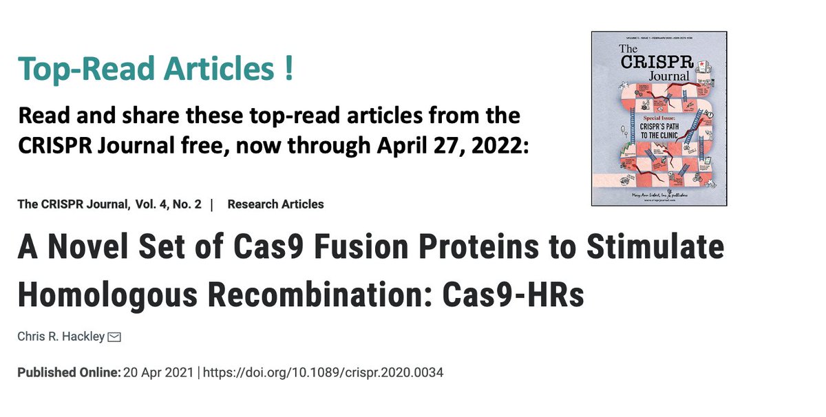 NucleaseLab's tweet photo. Just saw  that it is free to read @CRISPRjournal Top-Read Articles!  

Excited to be on the SAB and see that @CRISP_HR   have a paper in the top 5 most read articles:
https://t.co/hCpIE0xbdt https://t.co/OwMFgTXROk