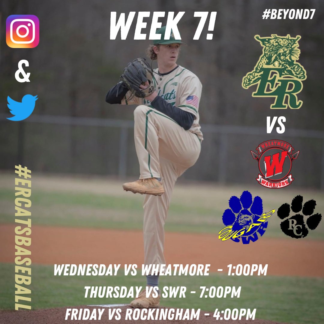 ER_CatsBaseball's tweet photo. 🚨WEEK 7!!!🚨

@AsheboroCPL Spring Break Tournament week! 

#GoCats #ERCatsBaseball #Beyond7 https://t.co/wD9ffhBzJE