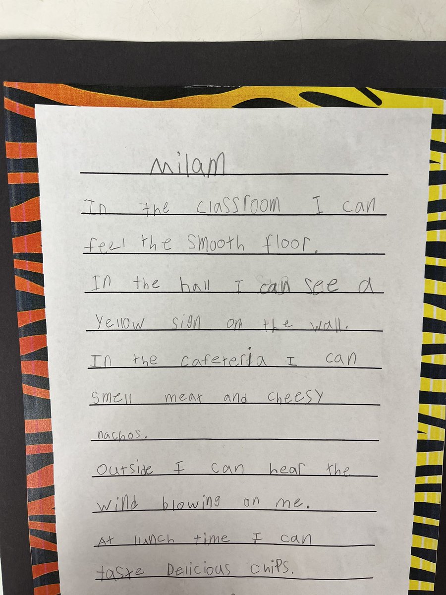 EllieJefferson4's tweet photo. We’re writing sensory poems! So much fun walking around school getting inspiration, drafting ideas, writing them up neatly and performing them! @MilamBengals @WFISDschools https://t.co/uQR22lfNMU