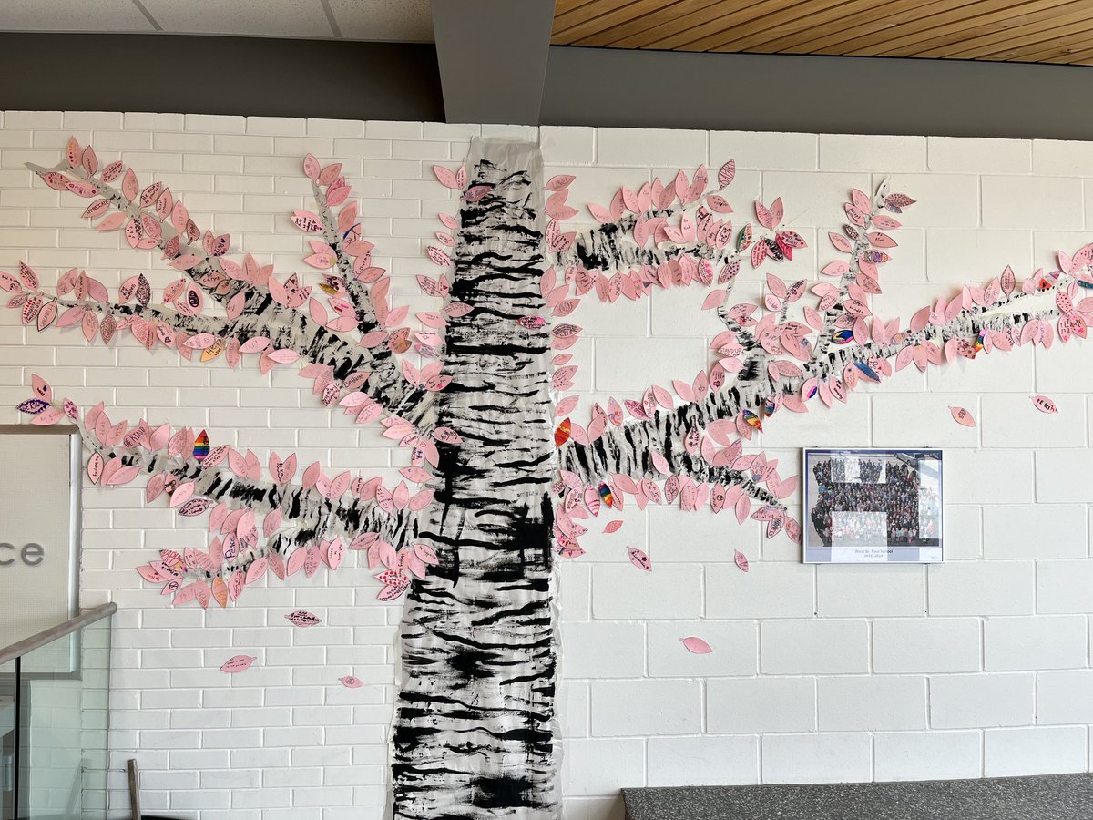 WestStPaulScho1's tweet photo. Today is #DayofPink and even though we are at home on a rare snow day closure, our students were still prepared. 
Our lobby shows our #DayofPink tree where each student made a leaf showing our support. 
We stand in solidarity with our 2SLGBTQIA+ community today and everyday. https://t.co/ptE0VJ2WYV
