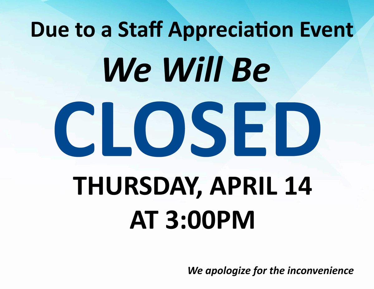 DelcanBuilding's tweet photo. Due to a Staff Appreciation Event, we will be closed on Thursday, April 14th at 3:00pm.

We are also closed Friday, April 15th &amp; Saturday, April 16th.

We are open and resume normal hours at 7:30am on Monday, April 18th.

Have a great Easter weekend! https://t.co/mXOIzcOhW6