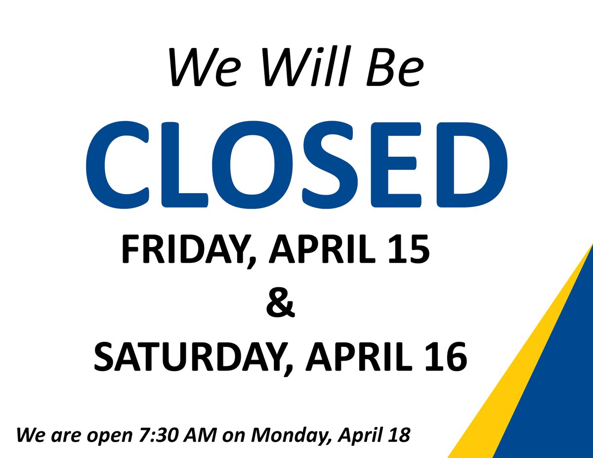 DelcanBuilding's tweet photo. Due to a Staff Appreciation Event, we will be closed on Thursday, April 14th at 3:00pm.

We are also closed Friday, April 15th &amp; Saturday, April 16th.

We are open and resume normal hours at 7:30am on Monday, April 18th.

Have a great Easter weekend! https://t.co/mXOIzcOhW6