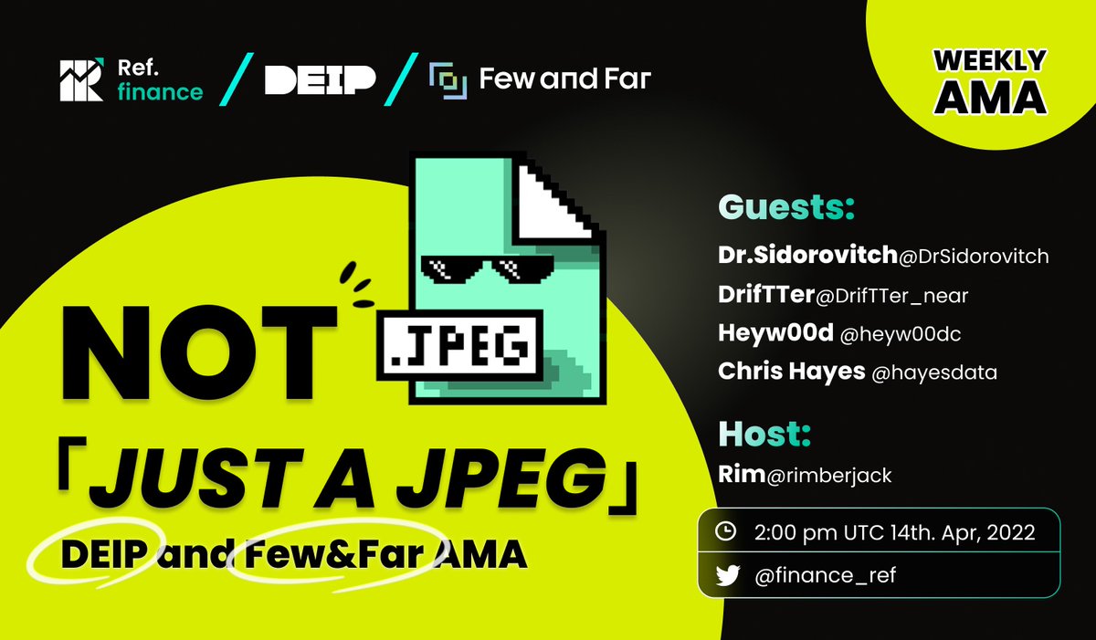 rhea_finance's tweet photo. 😎 Art is not just a #JPG - chat it up with @FewandFarNFT &amp; @DEIP_World 🎨

Dive in the creators economy on #NEAR with us!🔥

Weekly AMA tomorrow, Thursday 14th, 2pm UTC⏰

https://t.co/yz559xFTYo #nftart #nft #DeFi https://t.co/fOU9GZftkH