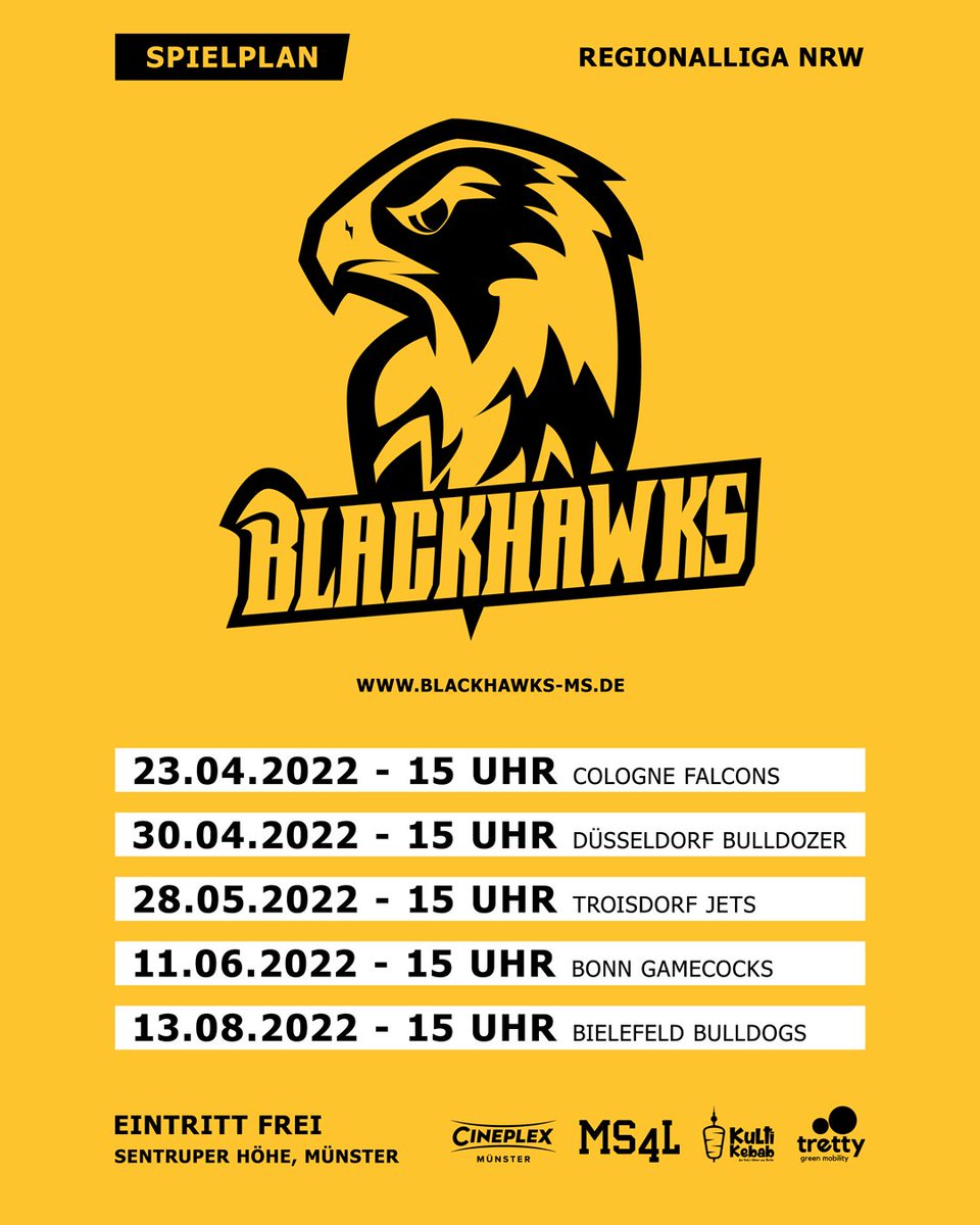 MS_Blackhawks's tweet photo. Save The Dates! 
#münsterblackhawks #americanfootball #ms4l #regionalliganrw #afcvnrw https://t.co/HDzbX6QL5g