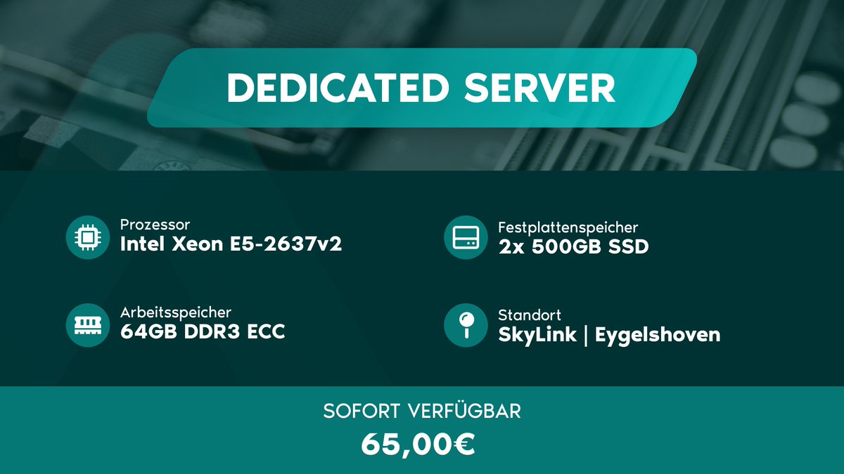 AlveonIo's tweet photo. PrePaid 🚀 Dedicated Server

➤ Prozessor: Intel Xeon E5-2637v2
➤ Arbeitsspeicher: 64GB DDR3 ECC
➤ Festplattenspeicher: 2x 500GB SSD

Jetzt zuschlagen für nur 65€

➥ https://t.co/RNOmuDVAVJ https://t.co/WUc4sMnuHh