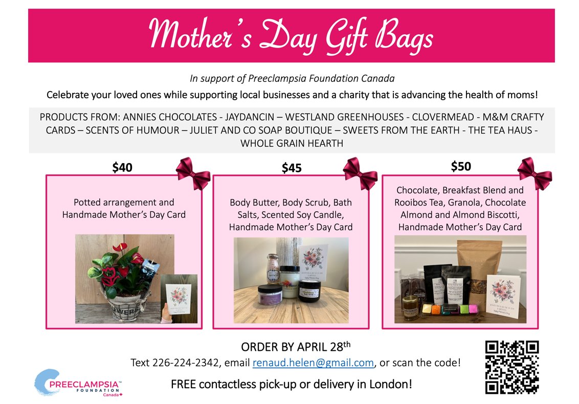 westernuPRG's tweet photo. Please help support the @preeclampsia Foundation Canada AND local businesses by purchasing one of these lovely Mother's Day gift bags!
 
 #ldnont https://t.co/z0r8K3DzcJ