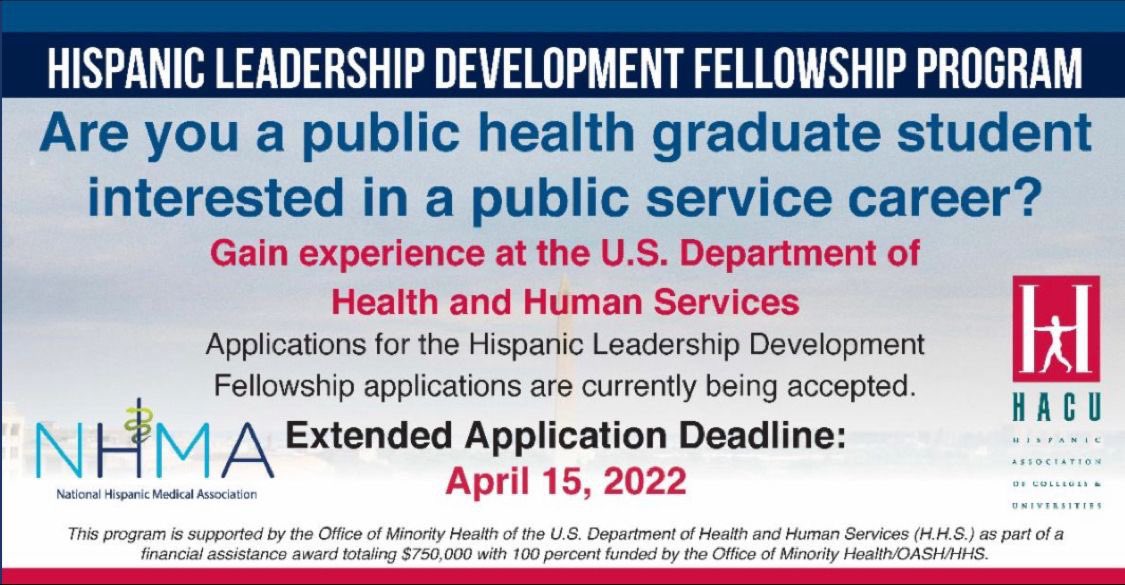 ZamoraConsGrp's tweet photo. The Hispanic Leadership Development Fellowship Program sponsored by @MinorityHealth @HHSGov @NHMAmd & @HACUNews is offering #graduatestudents a #PAID one-year #leadership #fellowship to accelerate their careers within HHS & the #federalsector Apply https://t.co/g2ofqF85zt https://t.co/sTyJ2ZwSAr