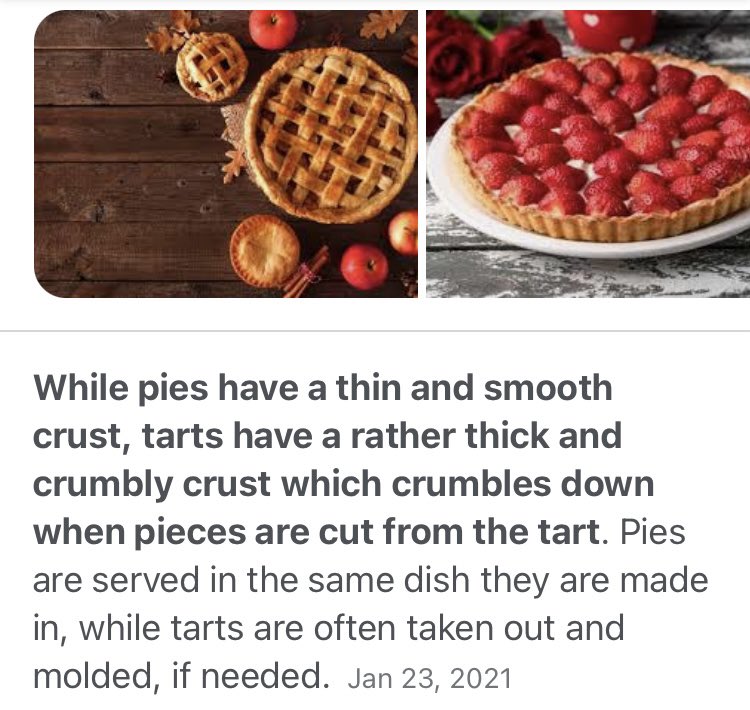 Hey @thepioneerwoman here’s the answer to what the difference between a pie and a tart is