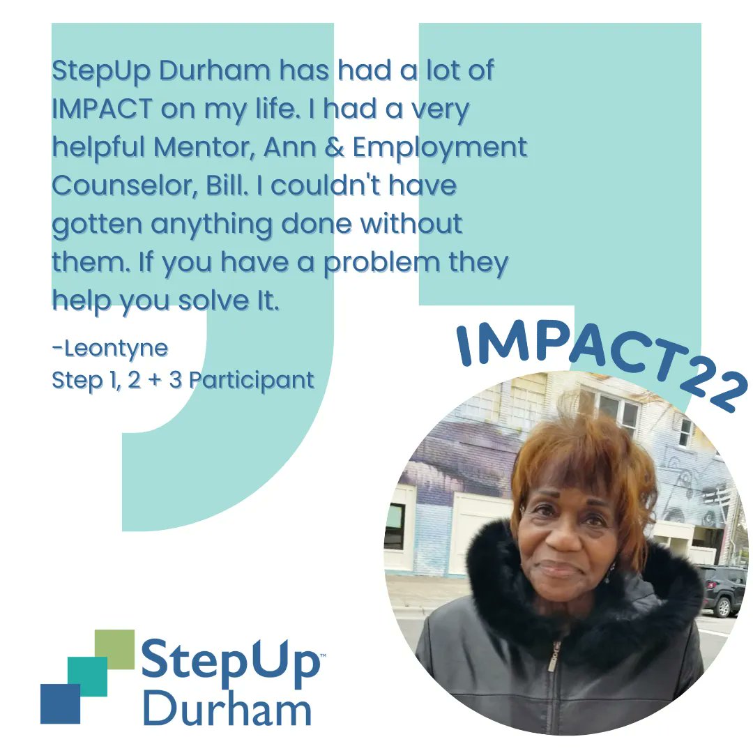 StepUpDurham's tweet photo. We're dedicated to helping more individuals feel the way Leontyne feels. You're invited to attend our biggest fundraising event of the year, IMPACT22 April 26 from 12-1pm at Durham Central Park Pavilion. RSVP &amp; Donate! https://t.co/K99qPHinBx 
#WeAreStepUpDurham #IMPACT22 #Durham https://t.co/pXk38w9AhK