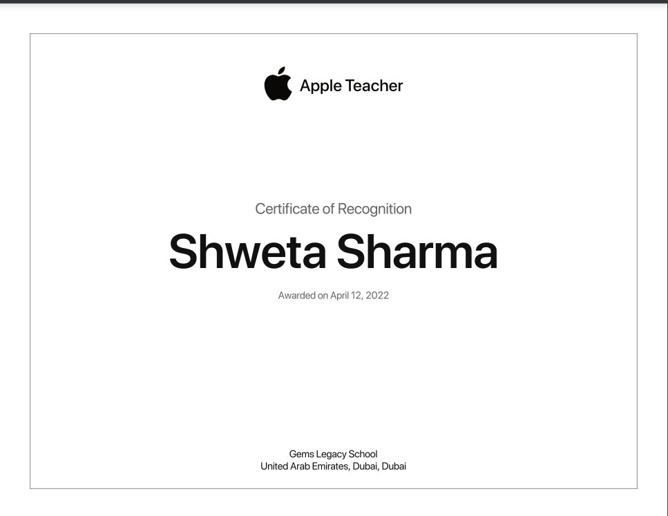 Excited to announce that I have received my Apple Teacher Certificate! It was a great journey. <a href="/AppleEDU/">Apple Education</a> <a href="/AppleTeachers/">Apple Teachers</a> <a href="/Rahila32515233/">Rahila Erphan</a> <a href="/pooja_sonnaik/">Pooja Sonnaik</a> <a href="/ashex16/">Asha Alexander UN Accredited #ClimateChange Leader</a> <a href="/GEMSGLS/">GLS</a> <a href="/GEMS_ME/">GEMS Education</a> <a href="/bhawna_sajnani/">Bhawna Sajnani</a> <a href="/PRATIMA32100874/">PRATIMA VERMA</a> <a href="/VargheseCyju/">Cyju Varghese</a> <a href="/khwajasam/">Sameera</a>