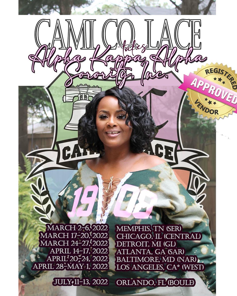 camicolaceUSA's tweet photo. ππ Itβs OFFICIAL!!! ππ CAMI CO. LACE IS THE NEWEST REGISTERED VENDOR FOR ALPHA KAPPA ALPHA SORORITY, INC!!! π₯³π€©ππͺ
πππππͺπ
Shop π with us online π» at https://t.co/BZFyyPL5FR for NEW AKA designs! Or in-person at a Regional Conferenceπ€΅π½ββοΈ
#akaapparel #camicolace https://t.co/0dmsV46qAX