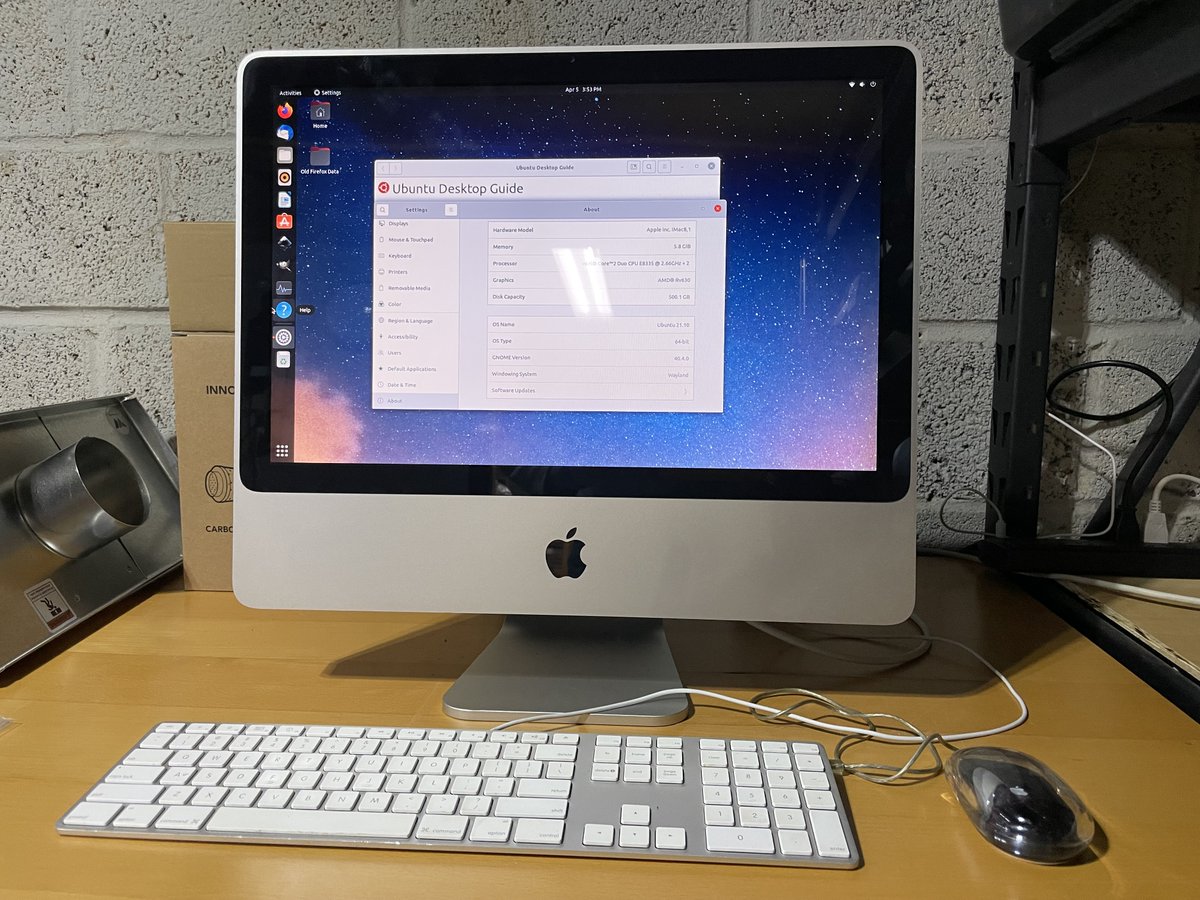 tcwanat's tweet photo. I got this 2008 iMac 8,1 running with an SSD and maxed to 6Gb of RAM. For web browsing and Inkscape I'm trying it with #ubuntu now, but it might also be fun to try #elementaryOS, #popOS, or #cutefishOS... Any others that would be a good user-friendly desktop for this old machine? https://t.co/MV902B26ET