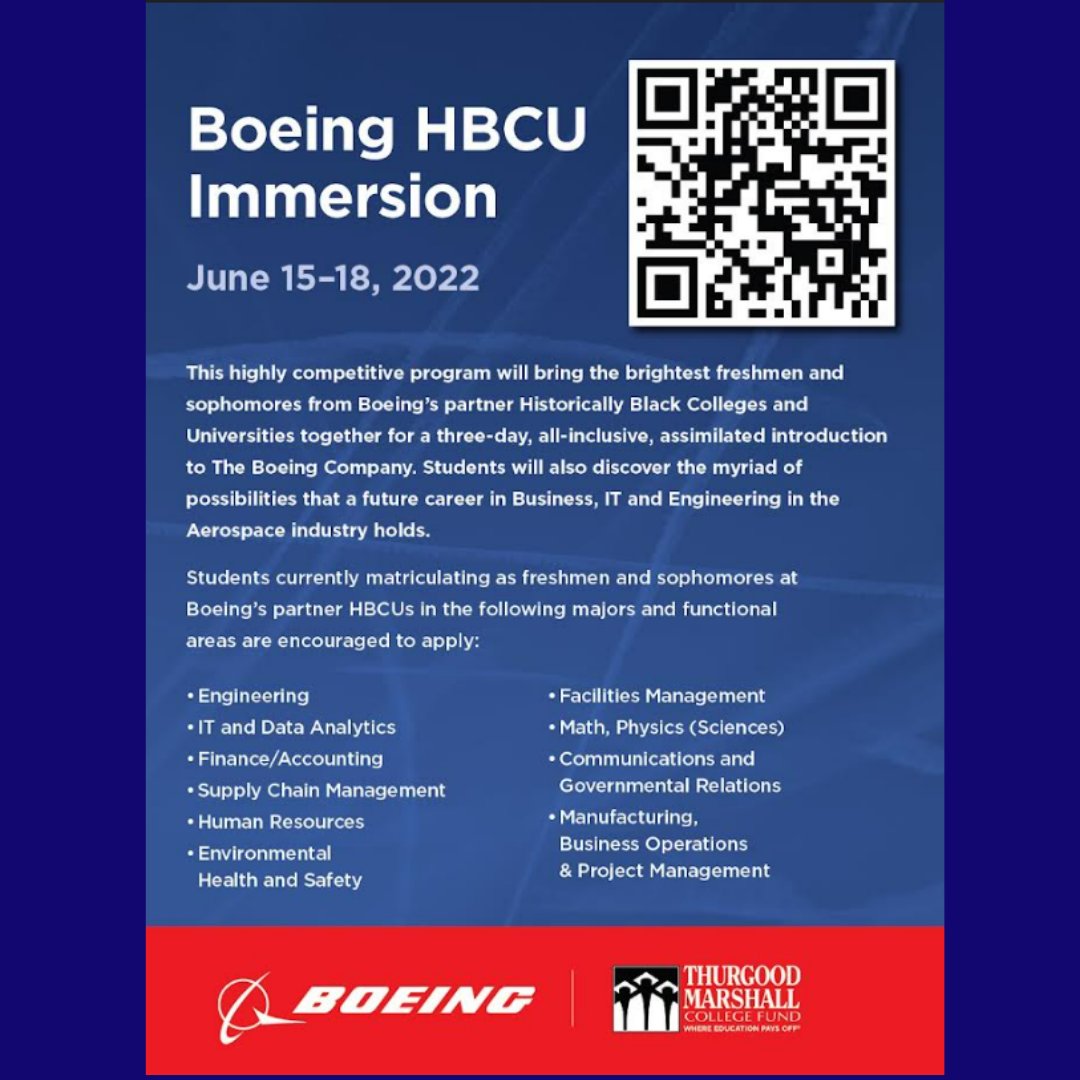 HusobCce's tweet photo. Boeing HBCU Immersion Program‼️
Freshmen &amp; Sophomores interested in Business, IT, or Engineering should apply before the deadline April 15, 2022. #HUSBCCE #HU24 #HU25 #HU26 #husob https://t.co/GpmKACcFUj