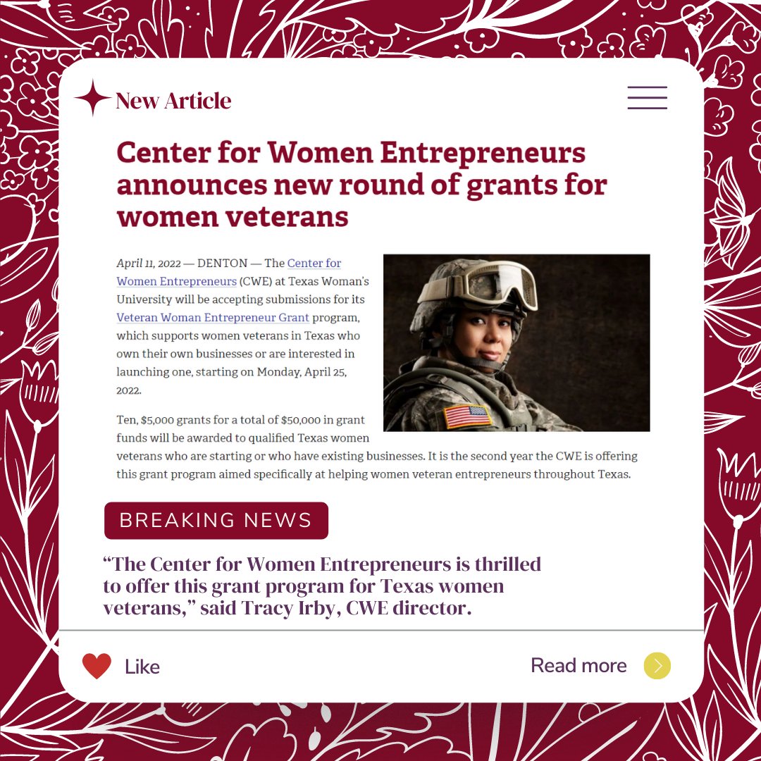✨NEW ARTICLE✨
Center for Women Entrepreneurs announces new round of grants for women veterans.

💫Check out the full article here: ow.ly/zYBC50IILRY