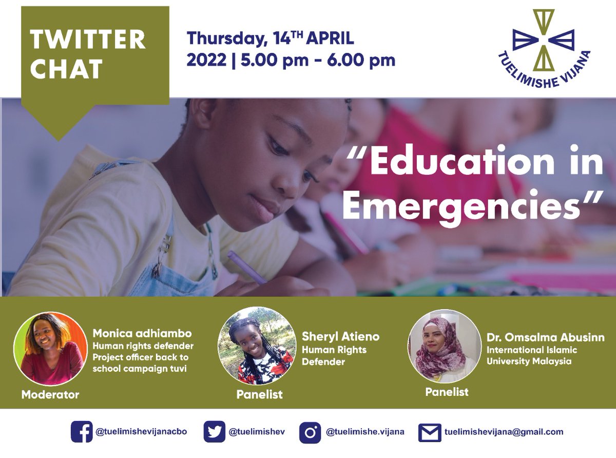 Tommorrow at 5pm to 6pm join us for our second tweet chat on our back to school.

Panelist <a href="/omsalmaabusinn/">Omsalma Abusinn</a> <a href="/SherrylOdoyo/">Sherryl Atieno Odoyo</a> 
Moderator <a href="/Marvelmonica1/">Marvelmonica</a> 

Is the govenment prepared to hande emergencies? Will school be affected again?
Lets find out tommorrow
interesing discusion.
