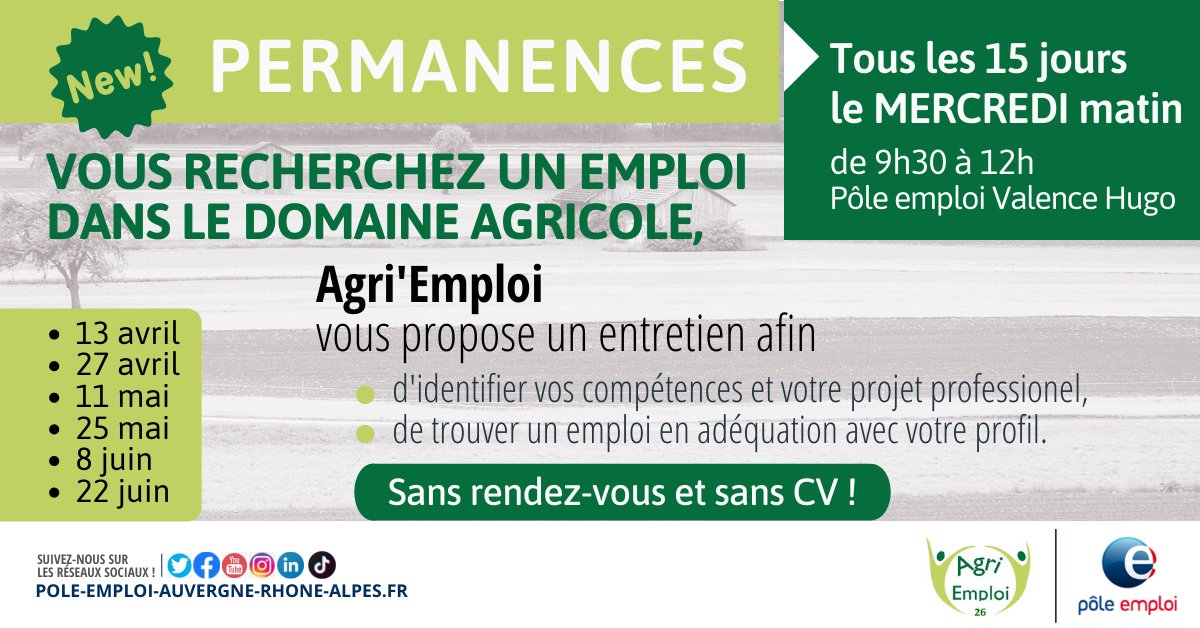 Vous recherchez un emploi dans le domaine agricole !
Agri Emploi 26 reçoit sans RDV et avec un CV tous les 15 jours, les mercredis matin entre 9h30 et 12h au <a href="/PE_Valence/">Pôle emploi Valence</a>.
𝗣𝗿𝗼𝗰𝗵𝗮𝗶𝗻 𝗿𝗲𝗻𝗱𝗲𝘇-𝘃𝗼𝘂𝘀 : 𝗺𝗲𝗿𝗰𝗿𝗲𝗱𝗶 𝟭𝟭 𝗺𝗮𝗶.
N'hésitez plus !
#TousMobilisés