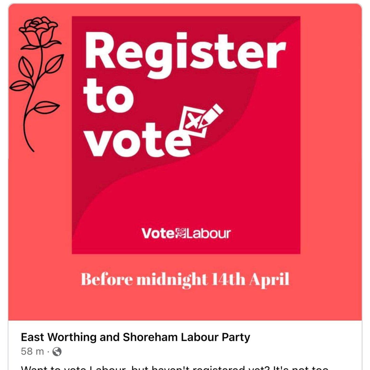 Want to vote, but haven't registered yet? Tomorrow is the deadline. We need change in #Worthing and Labour only need one more councillor to have a majority You have until tomorrow 14th April, midnight to register here: gov.uk/register-to-vo…