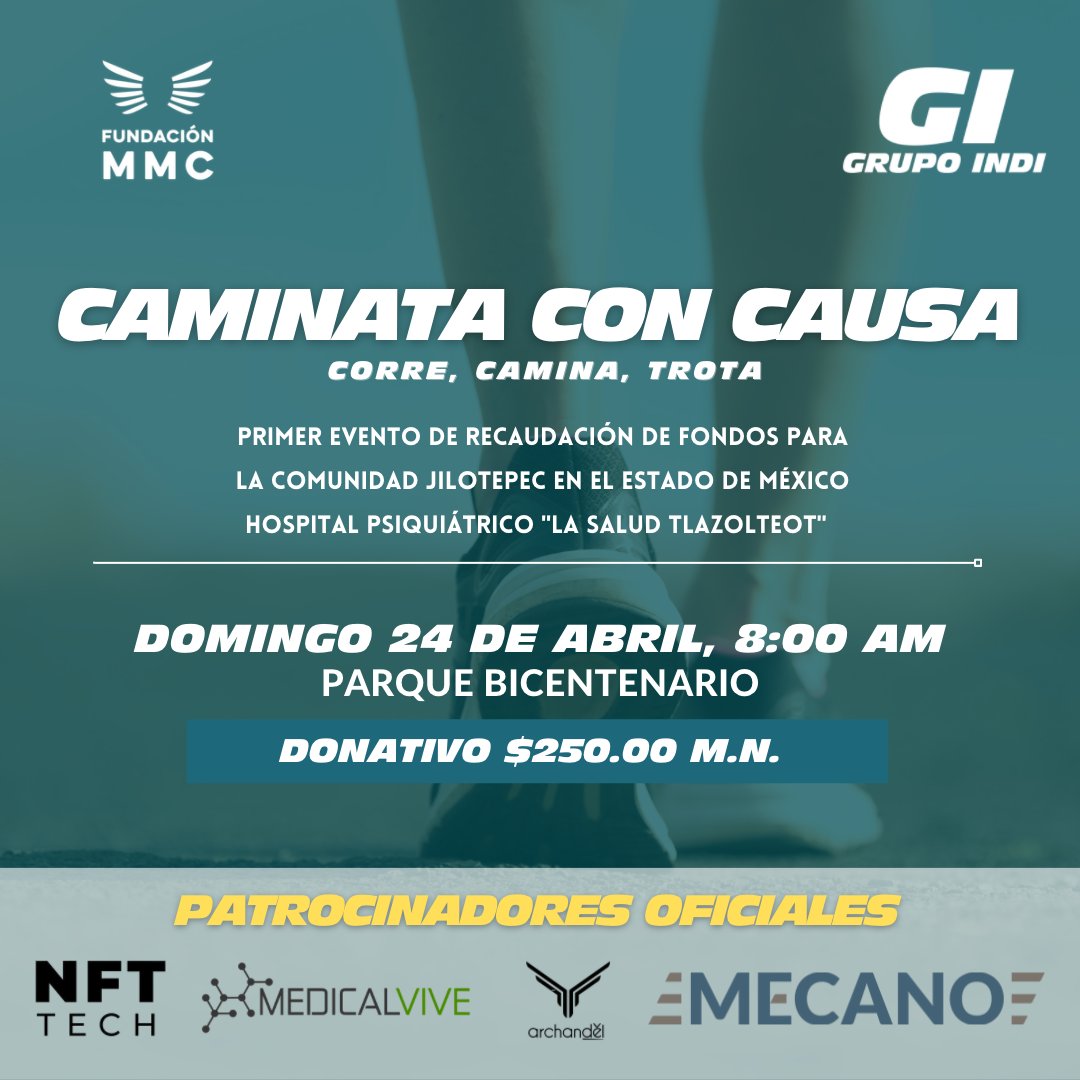 GrupoIndi's tweet photo. Participa en la primera #caminata 🏃🏃‍♀️de recaudación de fondos para la Fundación MMC este domingo 24 de abril a las 8:00 AM en el @PBicentenarioMX 
➡️ Registrate aquí: https://t.co/rOJ0sD1eKN
🎽Patrocinadores @mecanomx  #ArchandelRealestate #NFTtechnologies #MedicalVIVE https://t.co/T7JVq0MZtb