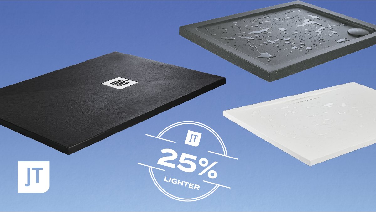 Have you seen the news? ☁️ All of our stone resin shower trays are now 25% lighter. ☁️ bit.ly/3DOPZhF More innovation Same JT Quality Less stress on installation